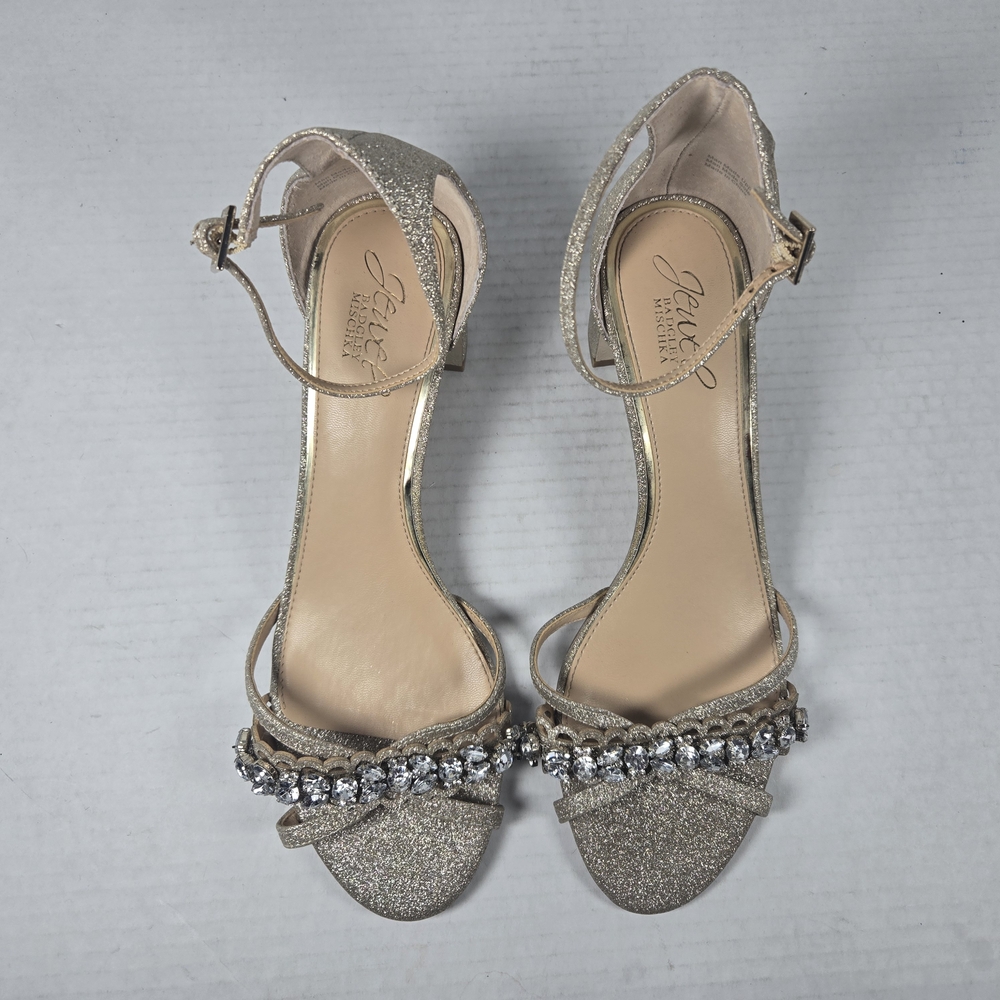 Jewel Badgley Mischka Giona Gold Jeweled Ankle Strap Block Heels Size 8 - Picture 4 of 15